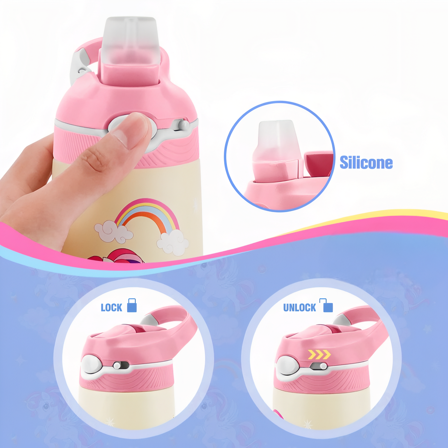 Gourde Enfant Lion 400ML gros plan mécanisme ouverture - Bleu Ciel et Crème