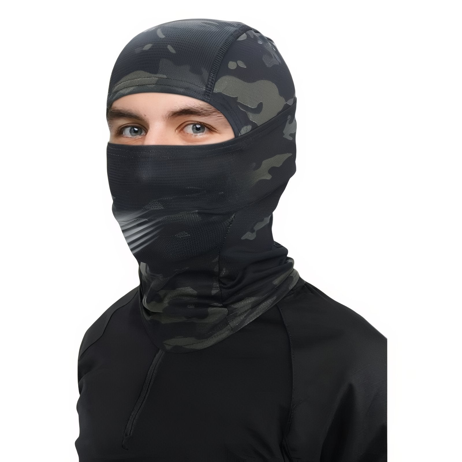 Cagoule Camouflage Militaire portée sur le visage - Blanc Pur - Vert et Marron - Vert Camouflage - Blanc et Gris - Marron et Vert Militaire - Vert Armée - Vert Foncé Camouflage - Blanc Camouflage - Vert Camouflage et Marron Camouflage - Vert Foncé et Noir - Vert Olive et Gris Foncé - Beige Désert - Vert Clair Militaire - Beige et Marron Militaire - Vert Olive - Bleu Marine - Gris Camouflage - Noir Mat - Taupe Camouflage - Gris Anthracite - Vert Clair - Marron et Vert - Gris Foncé - Beige Camoufla