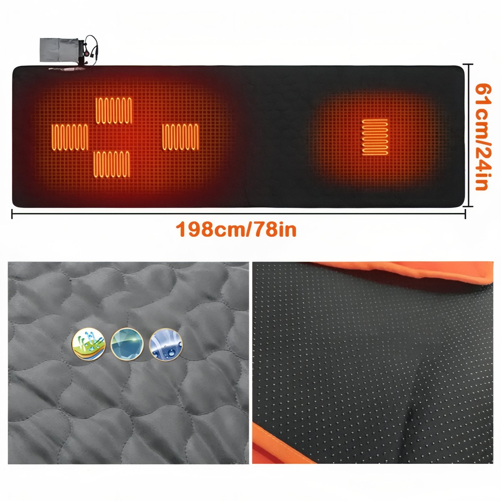 Tapis Chauffant Camping USB guide des dimensions - Noir - Gris Anthracite - Orange Fluo