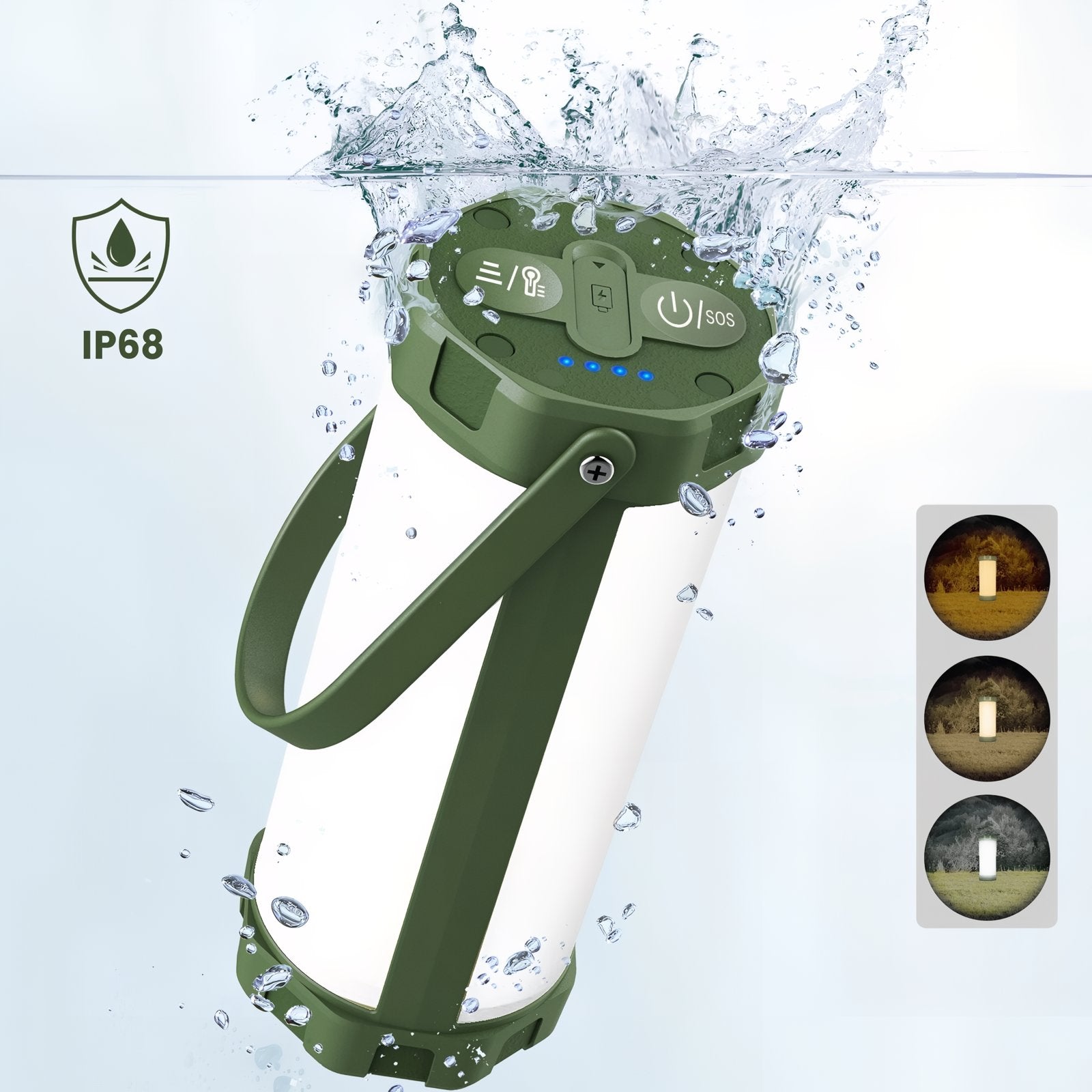 Lanterne Puissante Rechargeable 106 Leds mise en situation dans l'eau - Blanc et Vert Olive