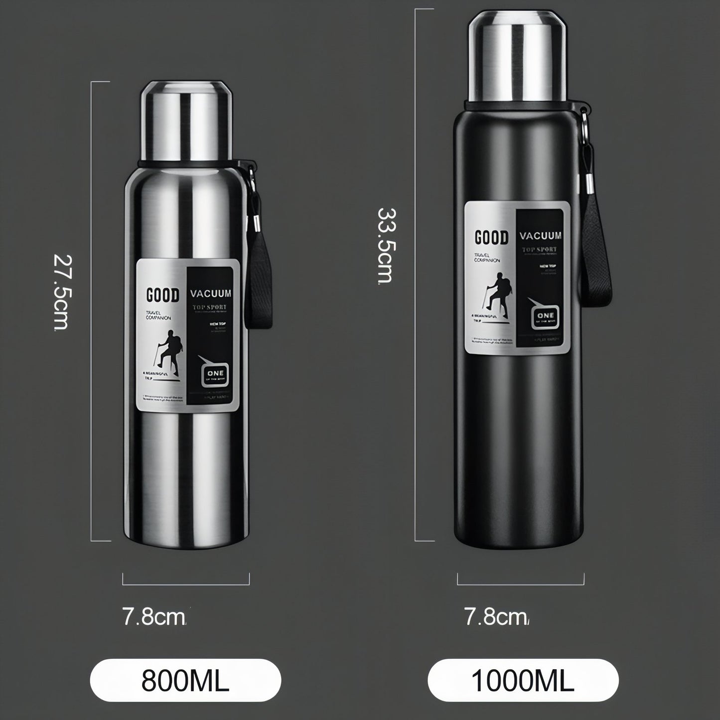 Gourde Inox 1 Litre guide des dimensions - Inox - Noir Mat