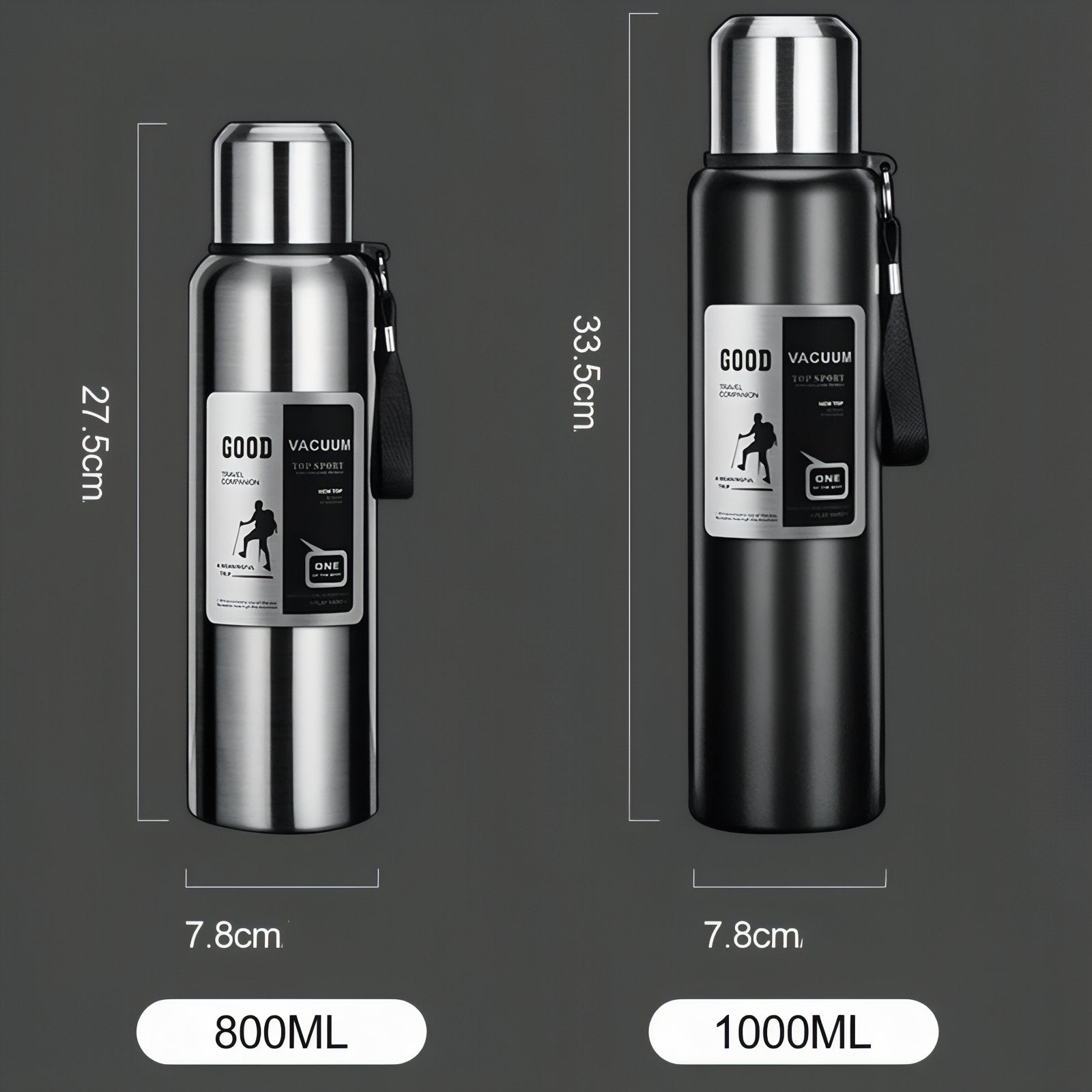 Gourde Inox 1 Litre guide des dimensions - Inox - Noir Mat