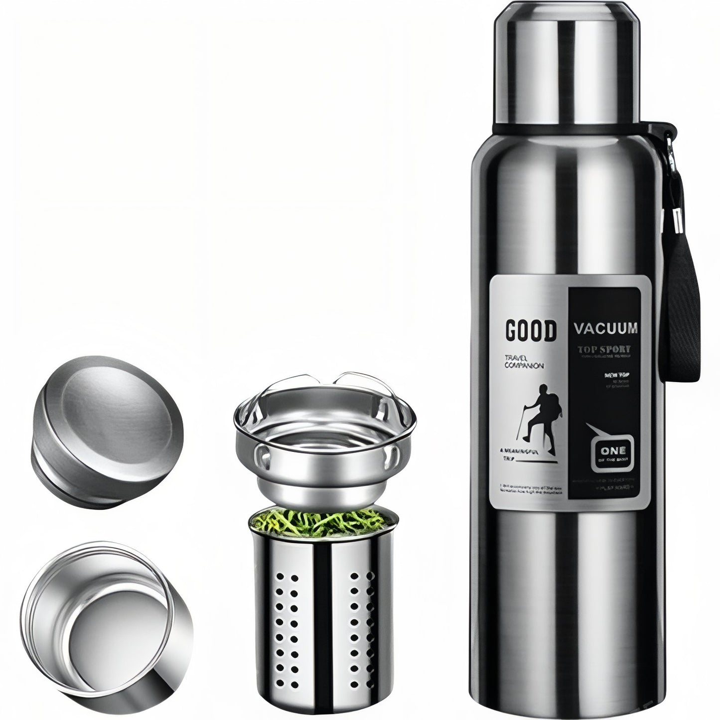 Gourde Inox 1 Litre trois éléments visibles - Inox - Noir Mat