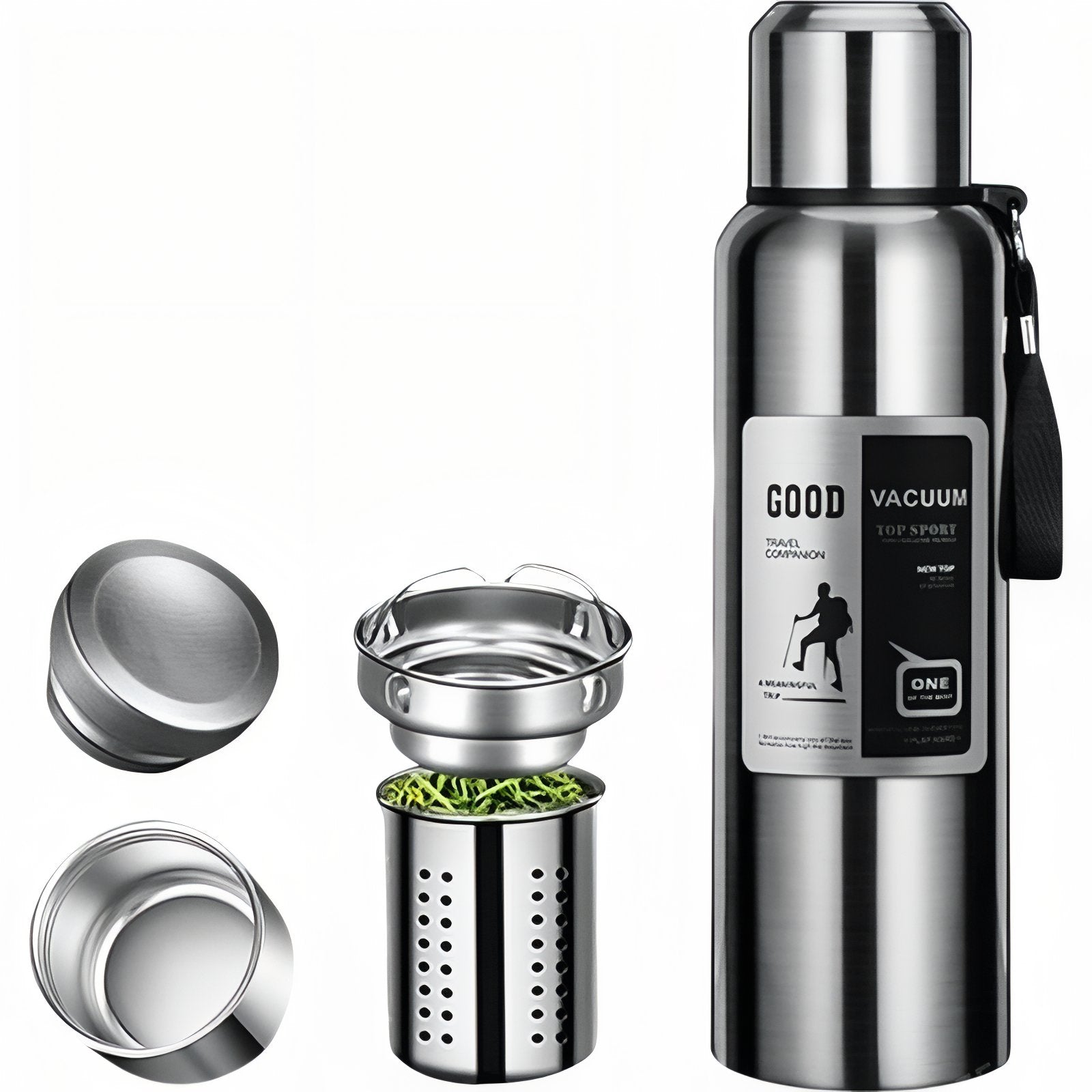 Gourde Inox 1 Litre trois éléments visibles - Inox - Noir Mat