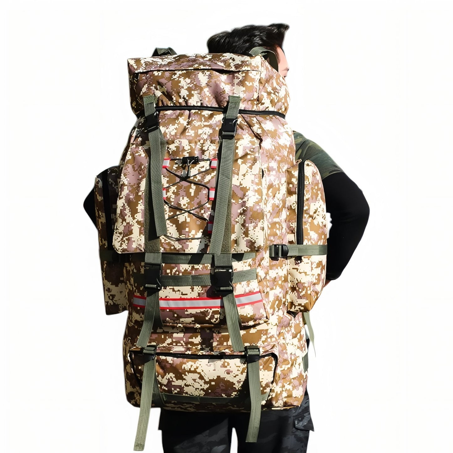 Sac Trek 130L portée sur le dos - Kaki - Bleu Marine - Vert Camouflage - Vert Olive - Noir - Gris