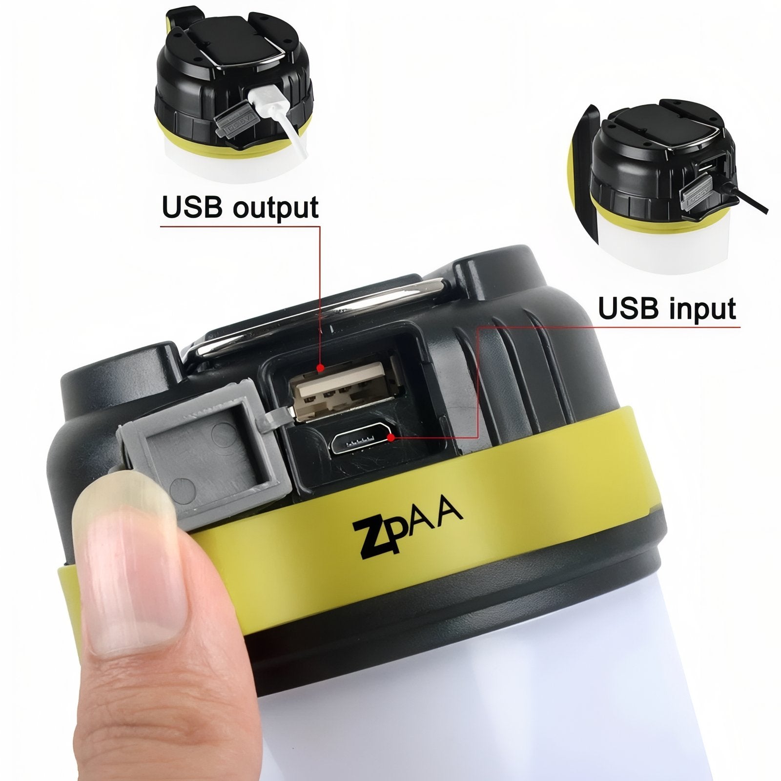 Lampe Torche Lanterne gros plan ports USB - Jaune Fluo