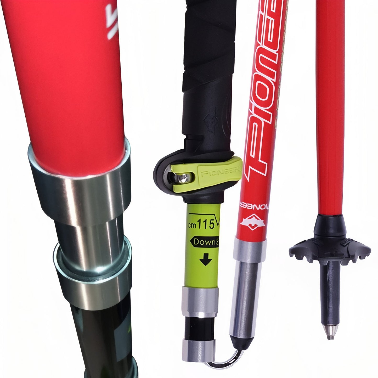 Bâton De Marche Carbone Pliable détails des parties - Rouge et Vert Fluo - Noir