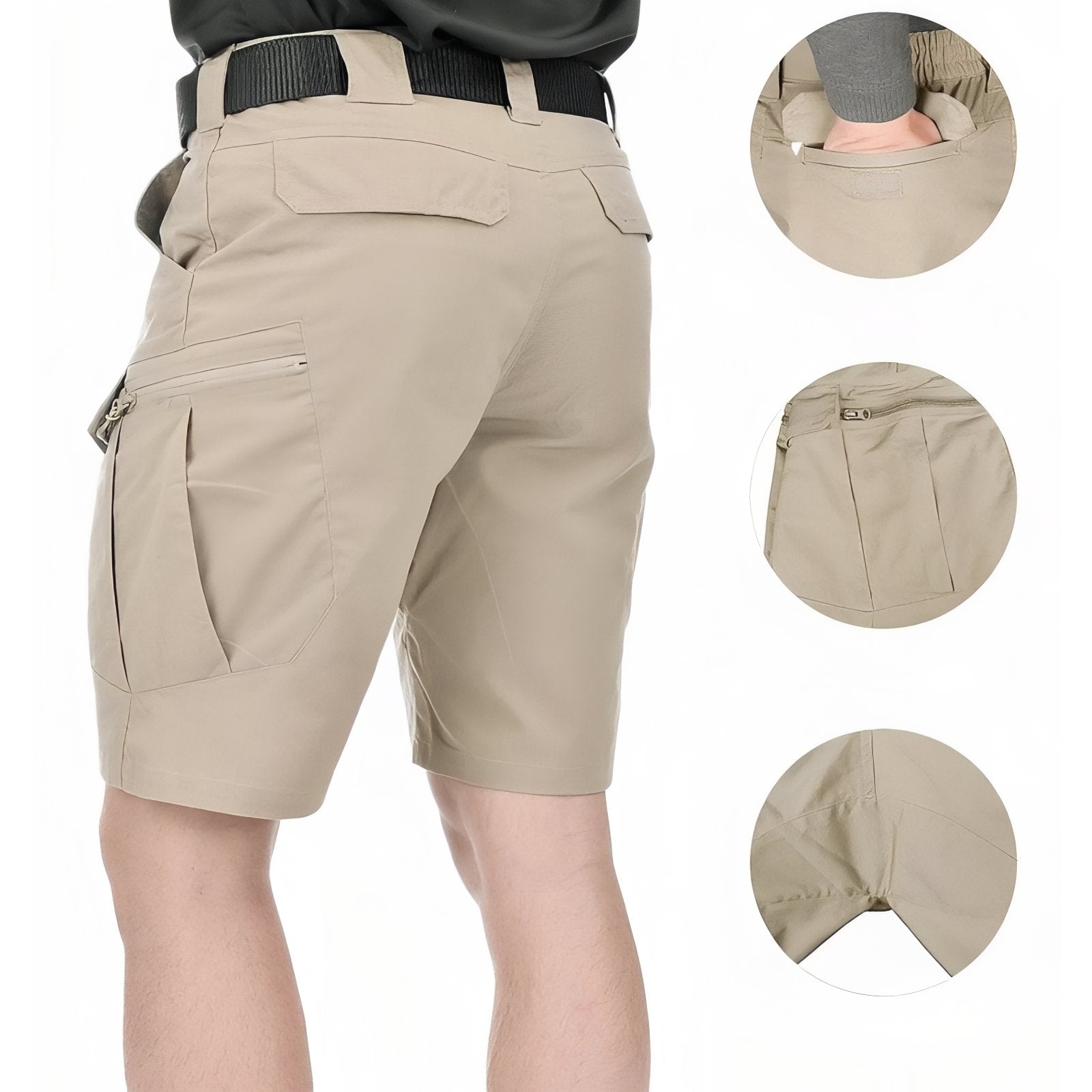 Short Cargo Randonnée Homme détail poches arrière - Noir Charbon - Gris Anthracite - Vert Olive - Beige Clair