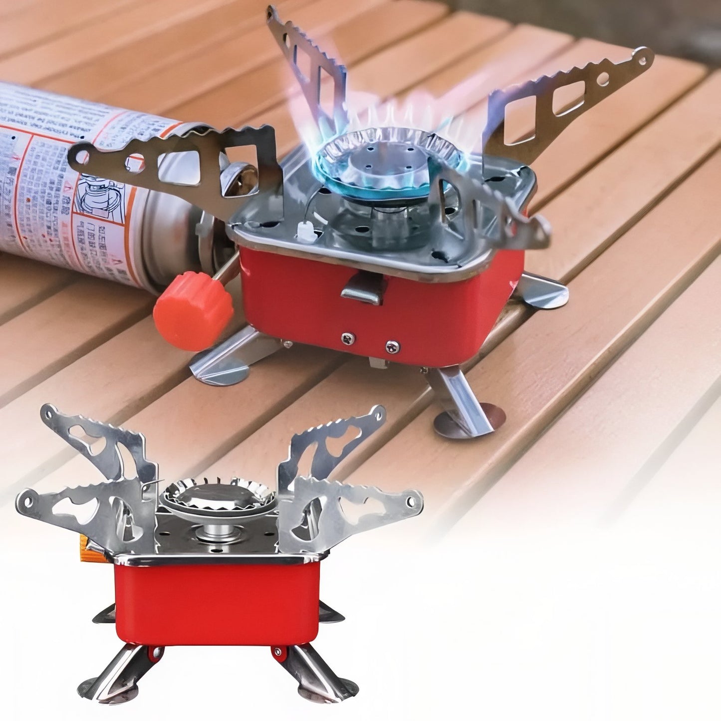 Mini Réchaud Gaz Randonnée mise en situation sur table - Rouge Cerise
