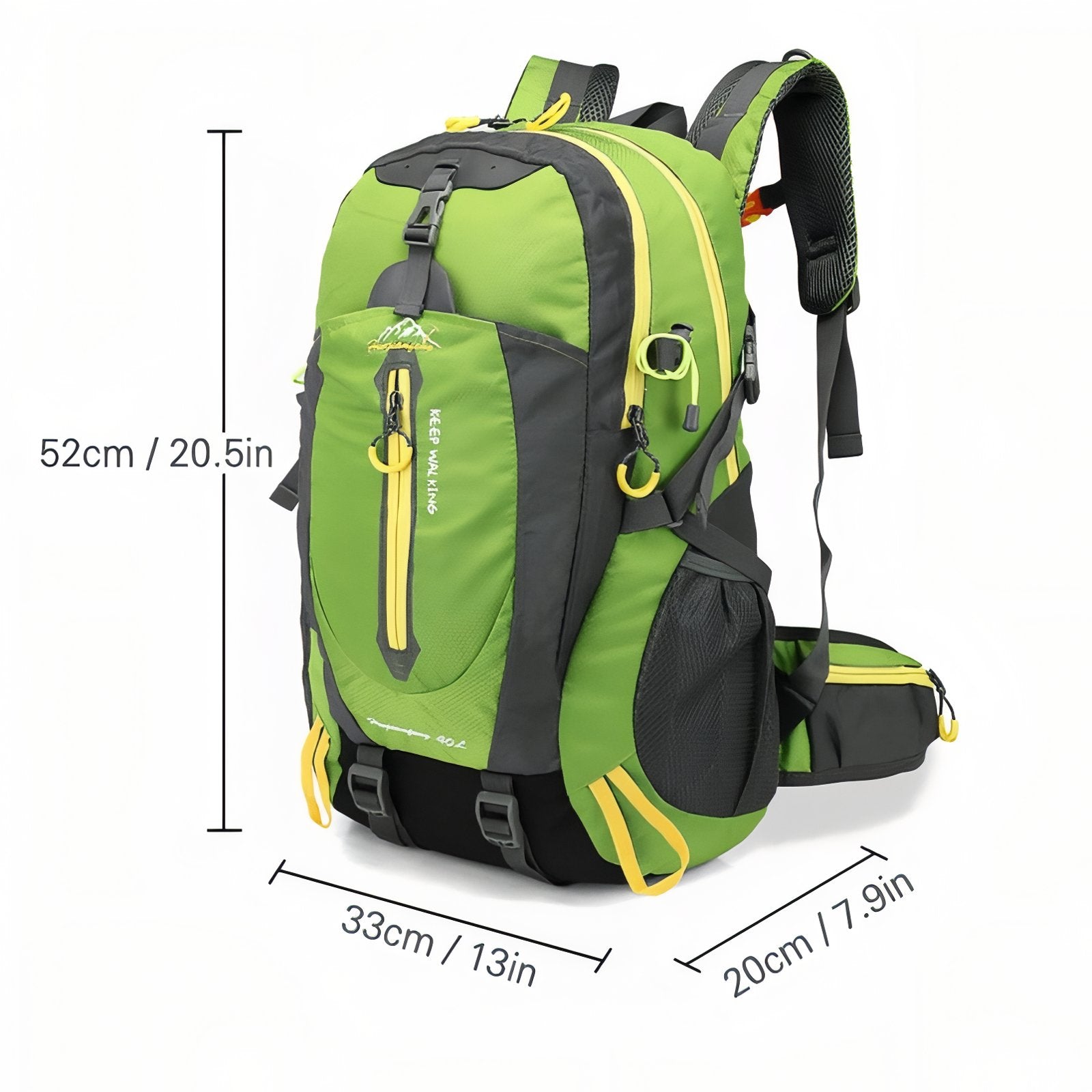 Sac à Dos Marche Randonnée 40L guide des dimensions - Vert Fluo - Gris - Bleu Cobalt - Orange - Noir et Jaune - Rouge - Turquoise - Violet - Noir et Rouge - Bleu Marine - Vert Olive