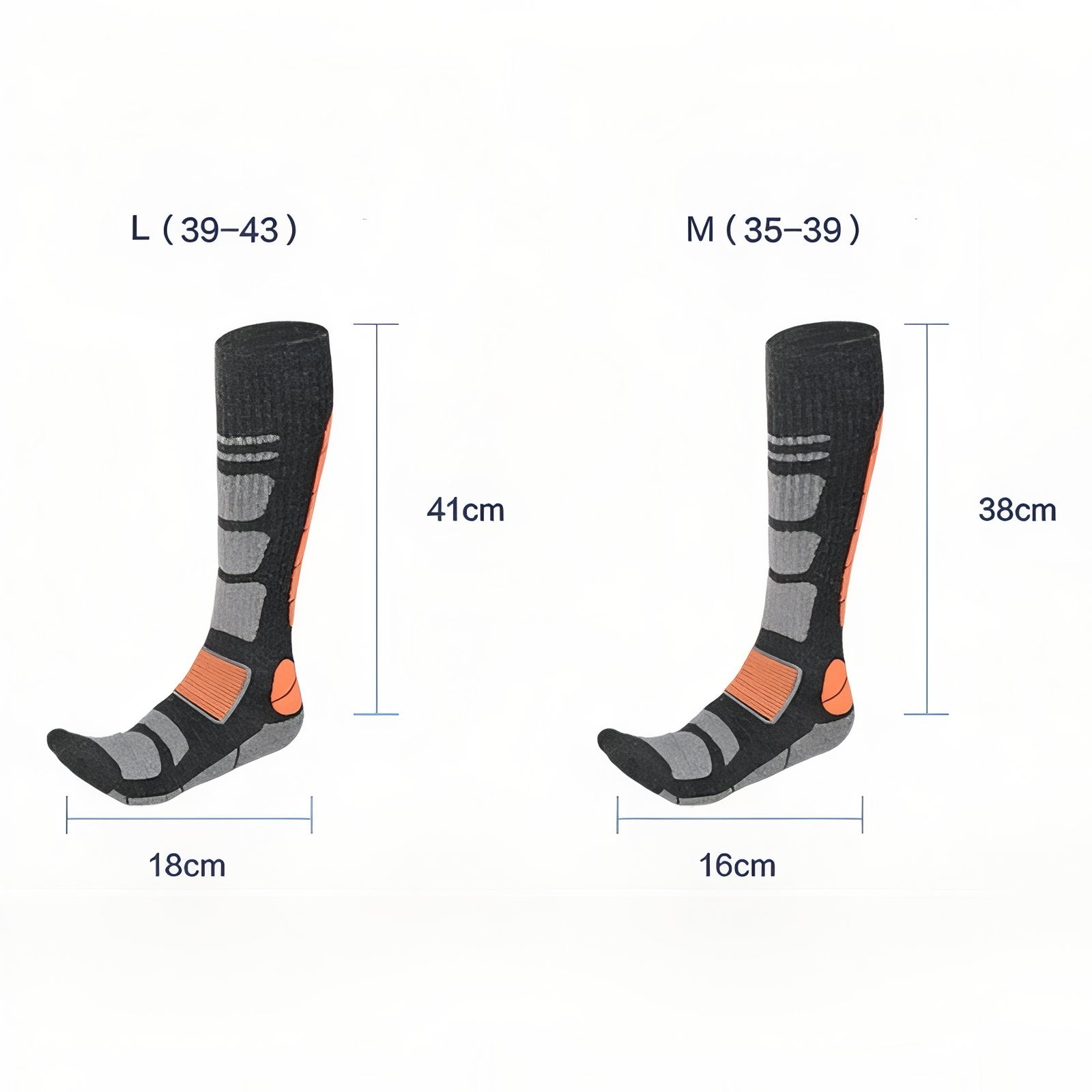 Chaussettes Randonnée Mérinos guide des dimensions - Gris et Rose - Gris et Vert Fluo - Gris Clair et Noir - Gris Foncé et Noir - Noir et Gris - Noir et Orange
