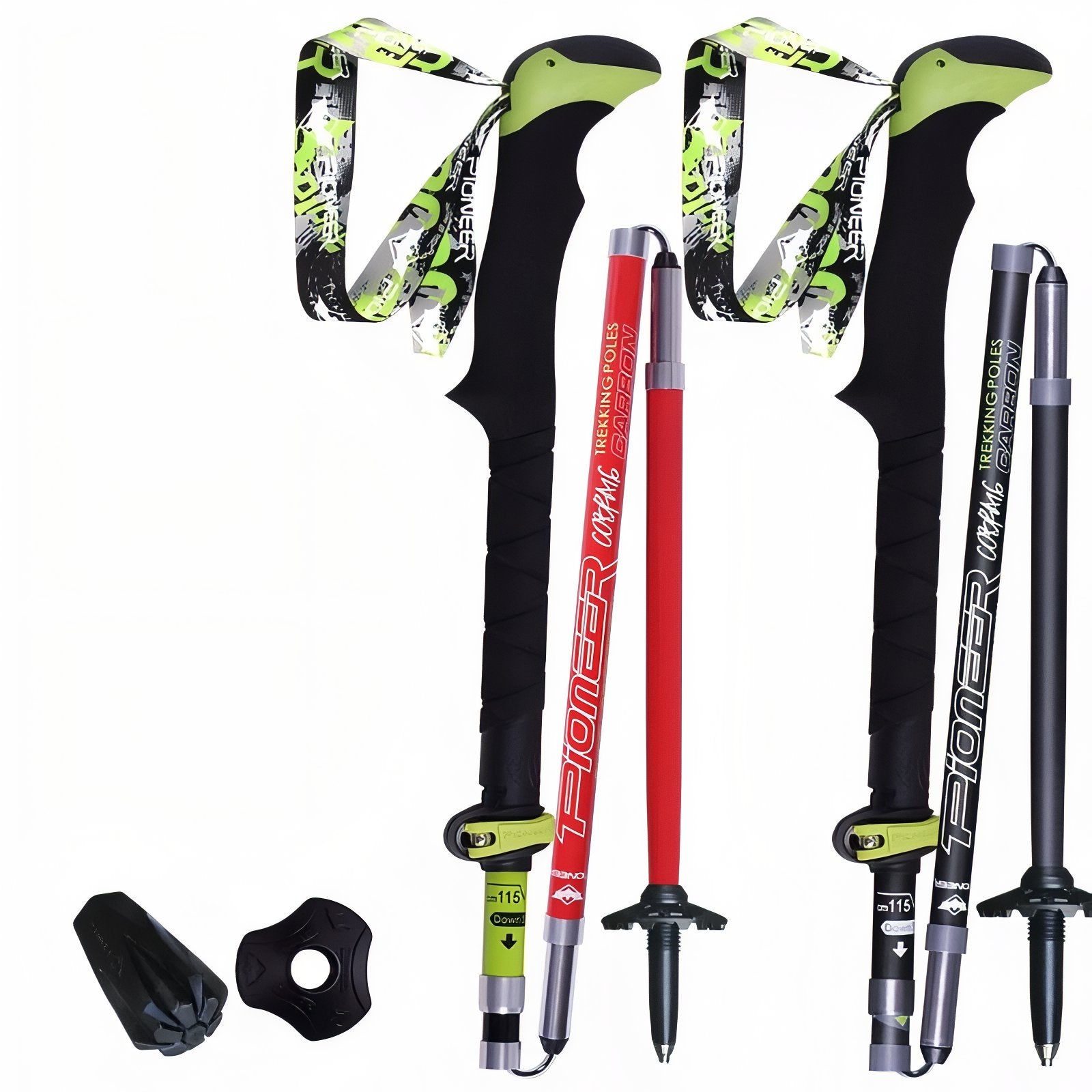 Bâton De Marche Carbone Pliable deux bâtons alignés - Rouge et Vert Fluo - Noir
