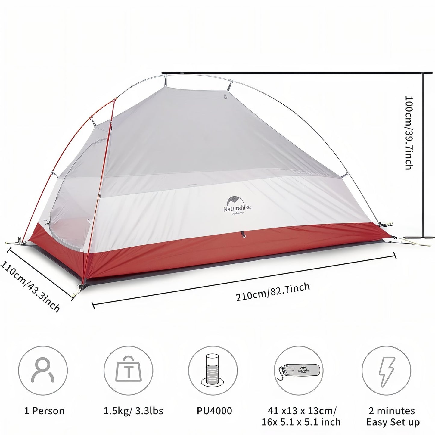 Tente 1 Personne Randonnée guide des dimensions - Beige et Rouge - Vert Pomme - Vert Foncé