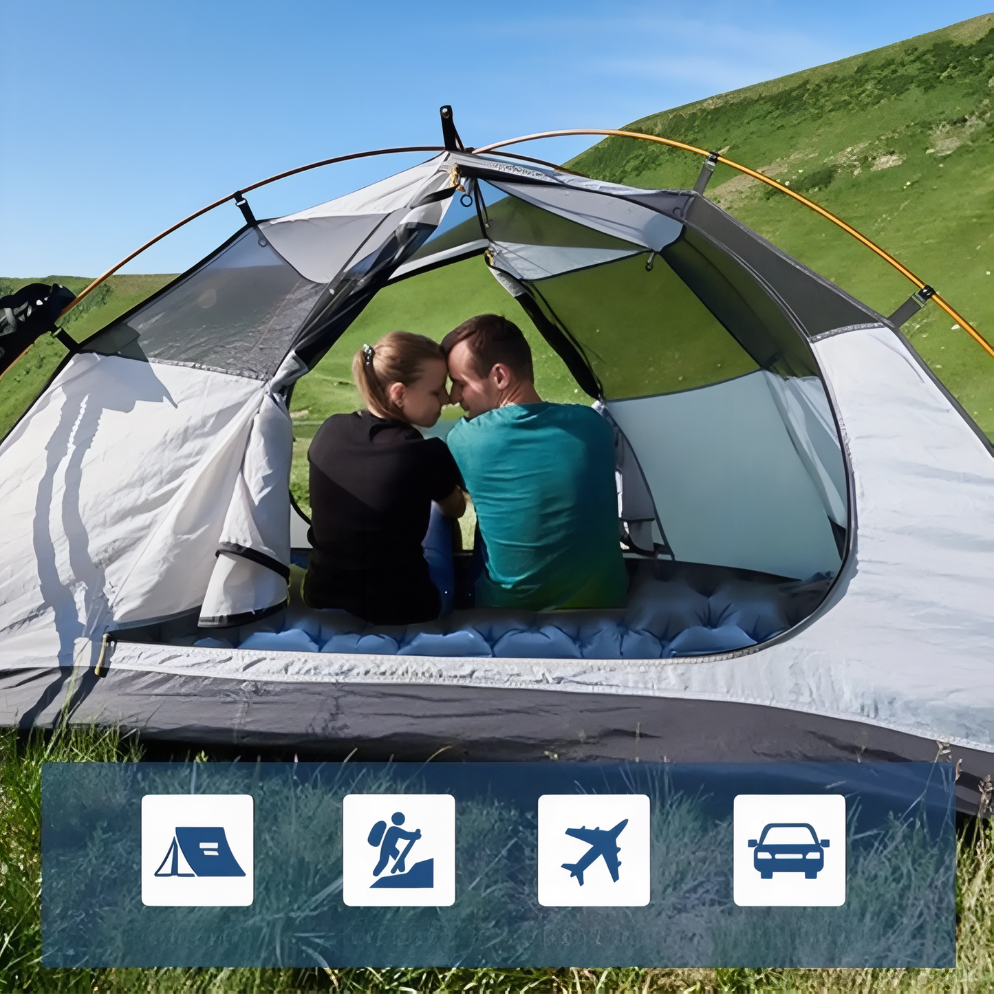 Matelas Gonflable Randonnée 2 Personnes Avec Coussin couple dans tente - Bleu Marine - Bleu Ciel - Marron Clair - Vert Olive