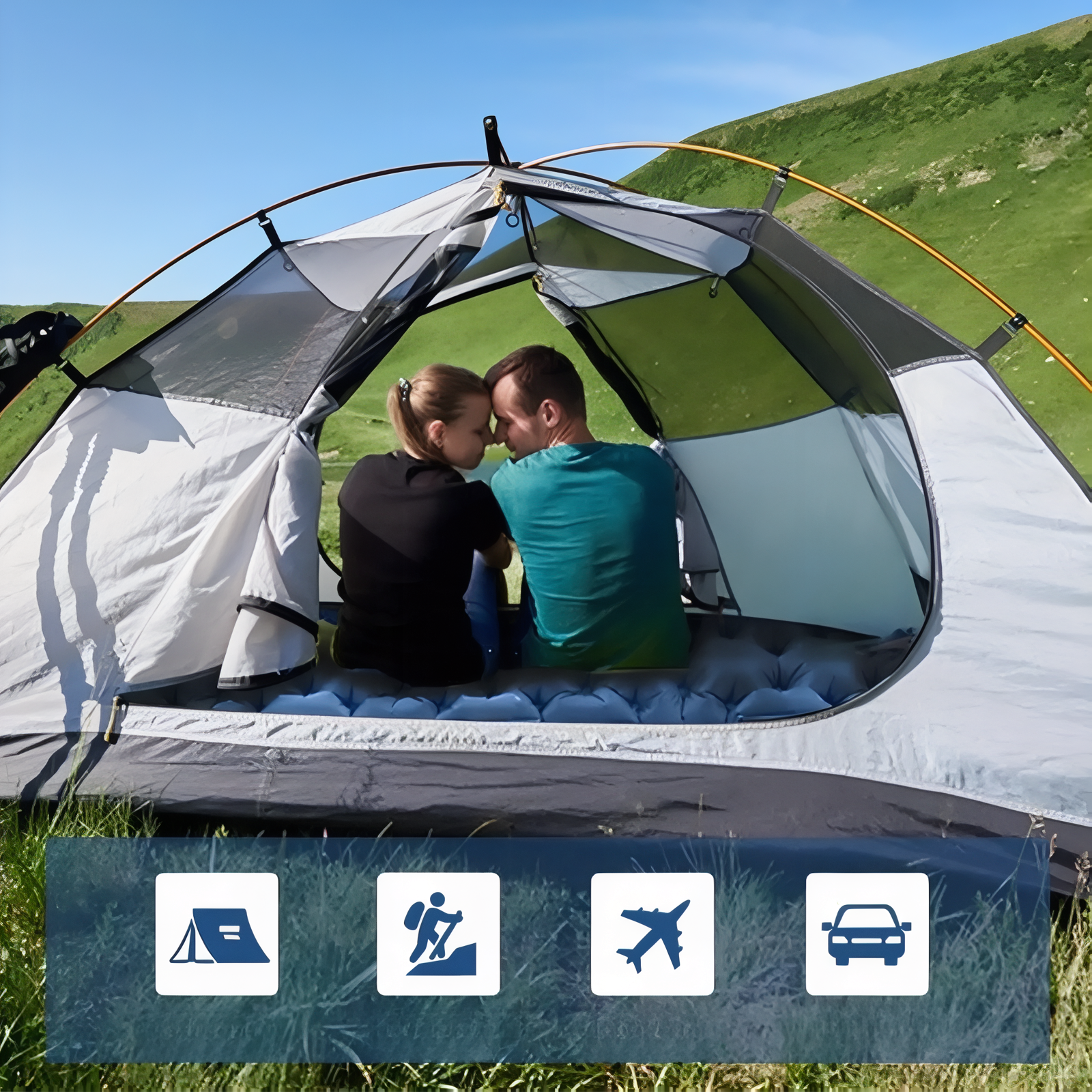 Matelas Gonflable Randonnée 2 Personnes Avec Coussin couple dans tente - Bleu Marine - Bleu Ciel - Marron Clair - Vert Olive