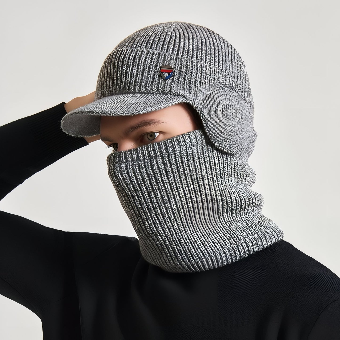 Casquette Cagoule Hiver Homme portée sur le visage - Noir Tâcheté - Bleu - Bleu Marine - Noir Uni - Gris Foncé - Gris Clair - Beige