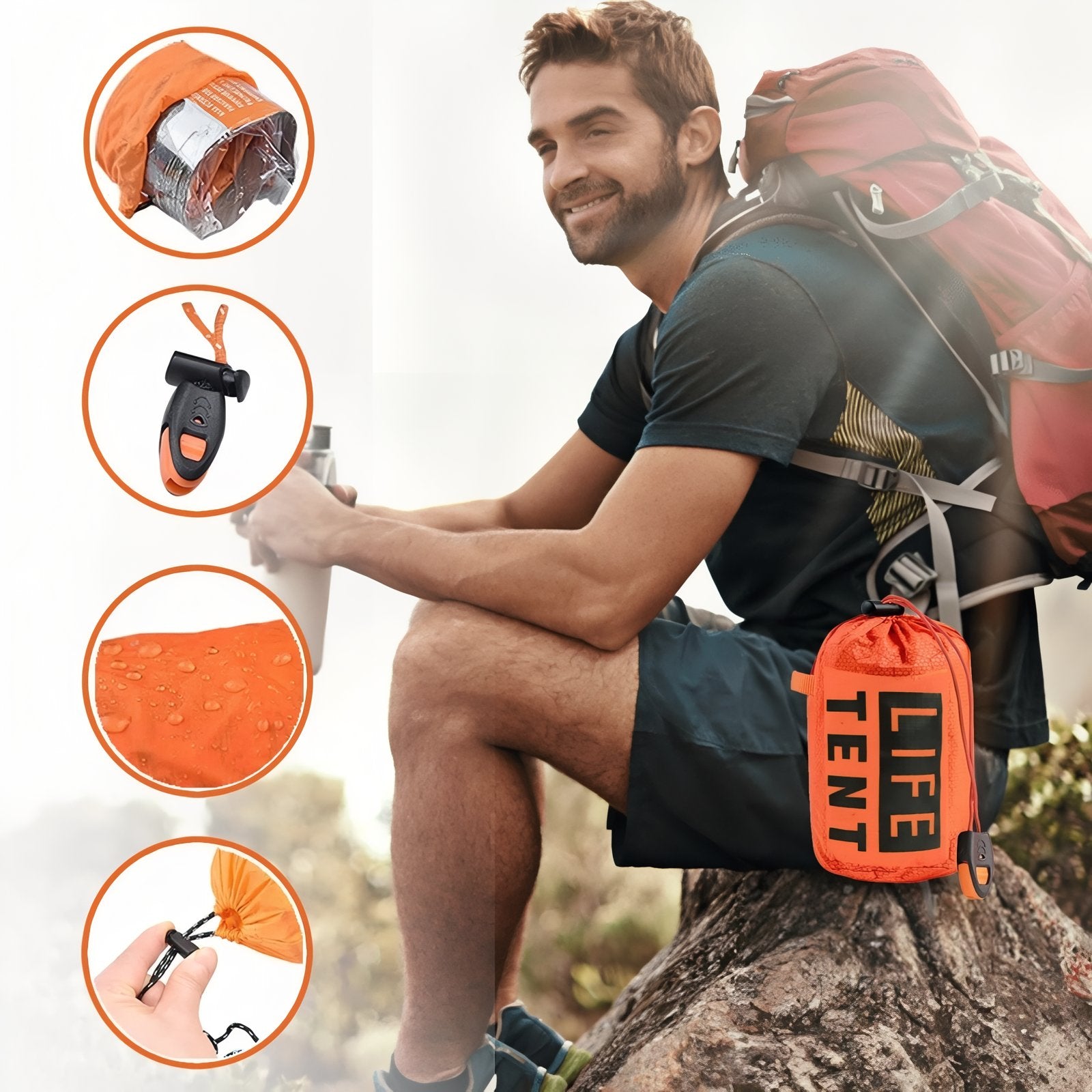 Tente Bivouac Survie gros plan accessoires orange - Orange et Argent - Vert Olive