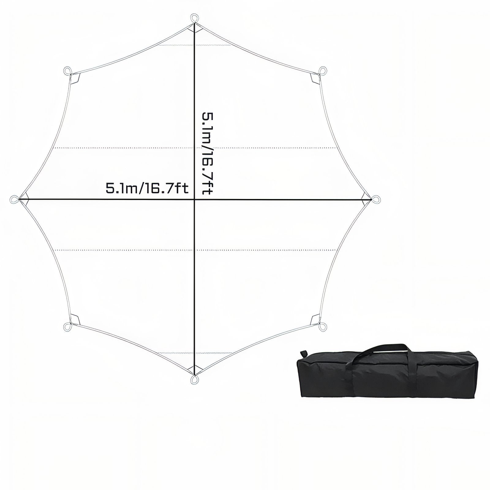 Tarp Randonnée 5.1x5.1M guide des dimensions - Gris et Vert - Gris Foncé et Argenté - Beige et Argent