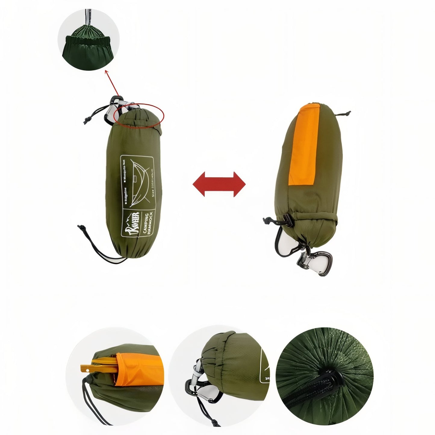 Hamac Moustiquaire Randonnée gros plan partie supérieure - Vert Olive et Orange