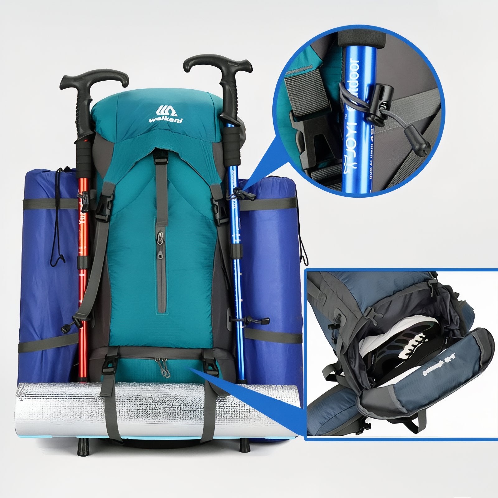 Sac à Dos Rando Avec Protection Pluie 70L gros plan compartiment ouvert - Turquoise et Noir - Bleu Marine et Gris - Orange et Gris - Noir et Orange