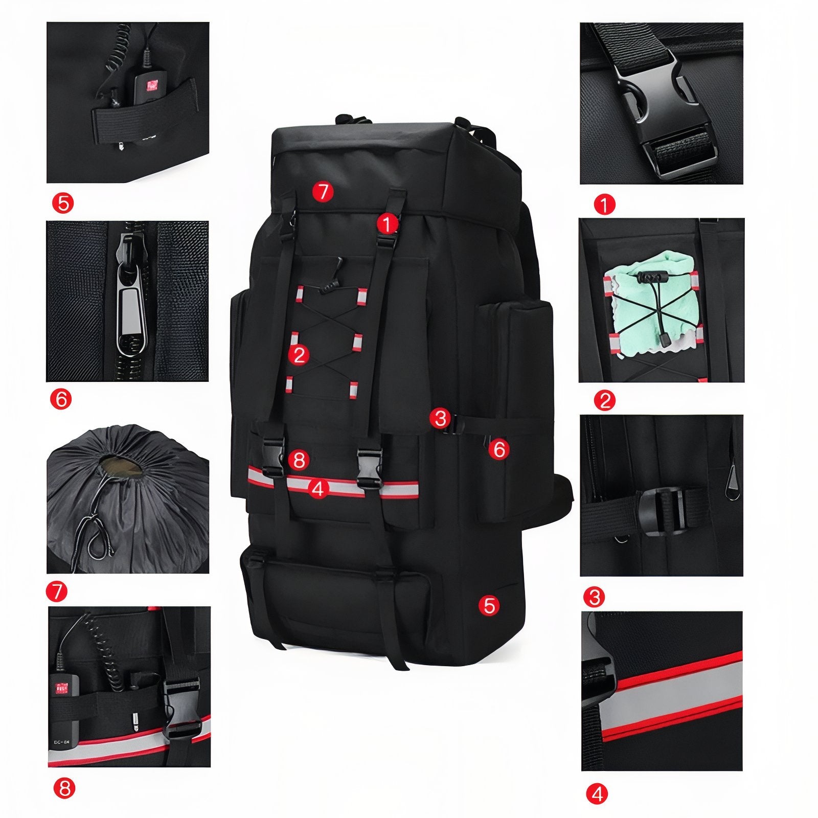 Sac Trek 130L gros plan fermeture zippée - Kaki - Bleu Marine - Vert Camouflage - Vert Olive - Noir - Gris