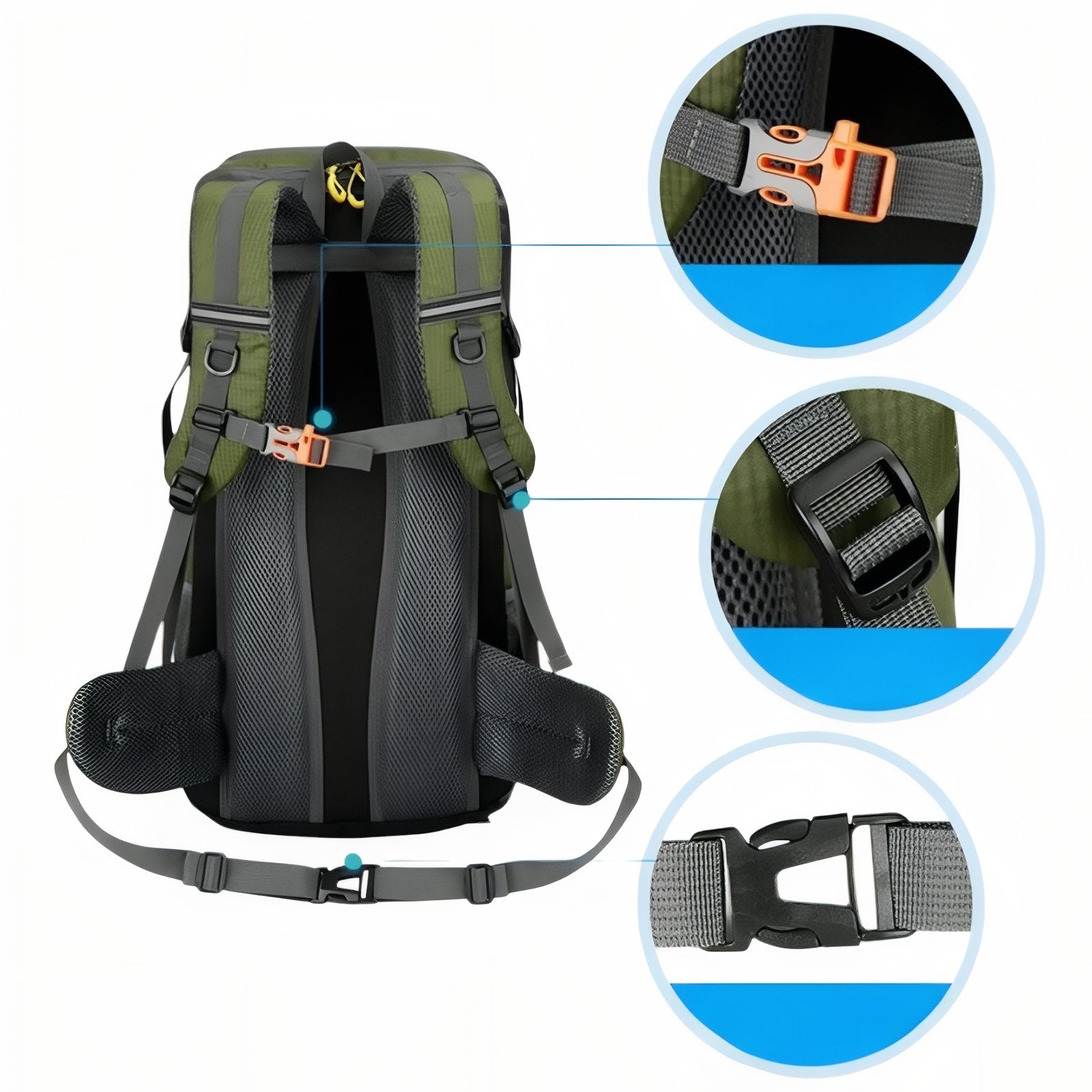 Sac a Dos Léger Randonnée 50 litres gros plan fermeture zippée - Orange - Noir - Bleu Marine - Rouge - Vert