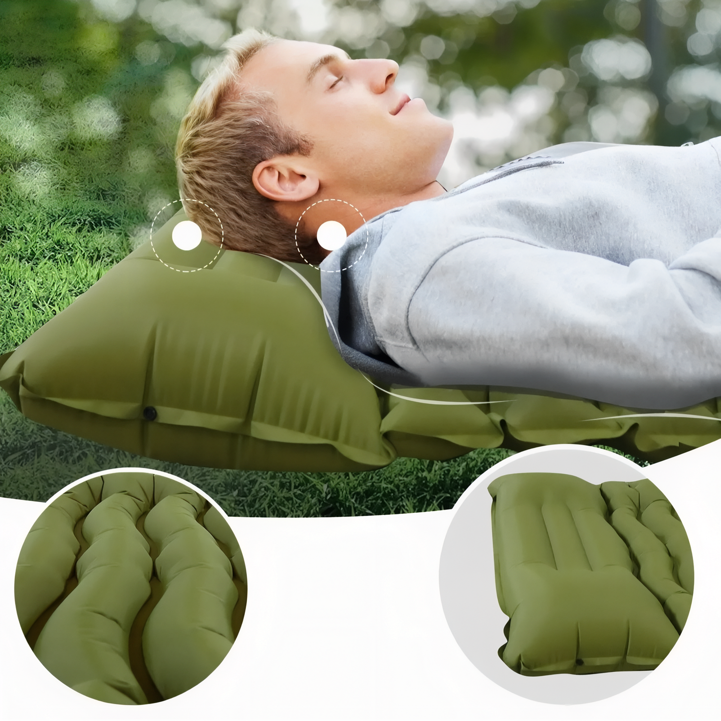 Matelas Gonflable Camping 65 cm De Large mise en situation - Vert Olive - Bleu Nuit
