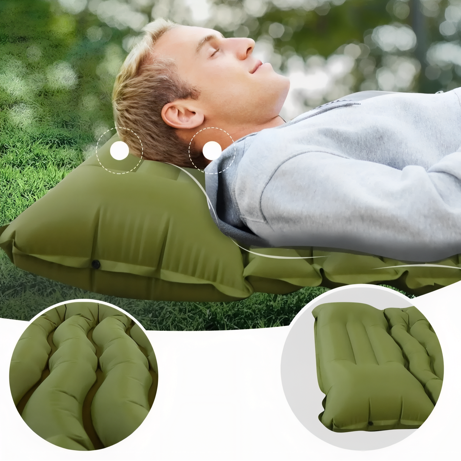 Matelas Gonflable Camping 65 cm De Large mise en situation - Vert Olive - Bleu Nuit