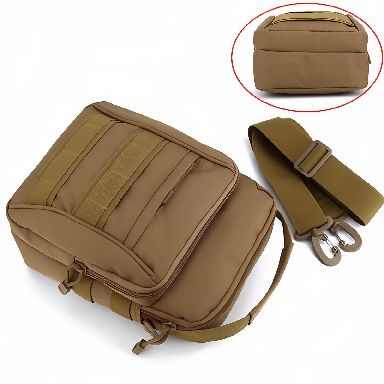 Sac Bandoulière Randonnée gros plan sangle et fermeture - Marron Foncé - Vert Olive - Noir Mat