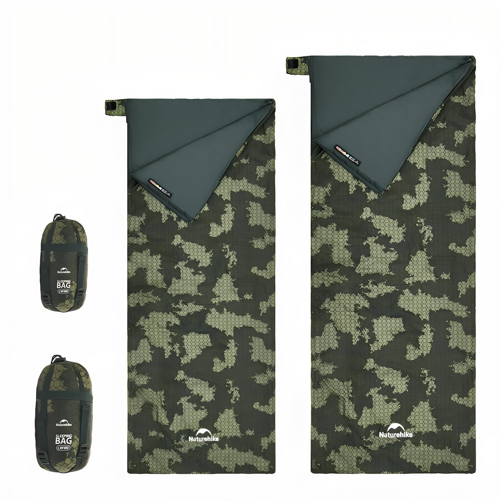 Sac De Couchage Camouflage Ultra Léger deux tailles alignées - 190x75cm - 480g - 205x85cm - 560g