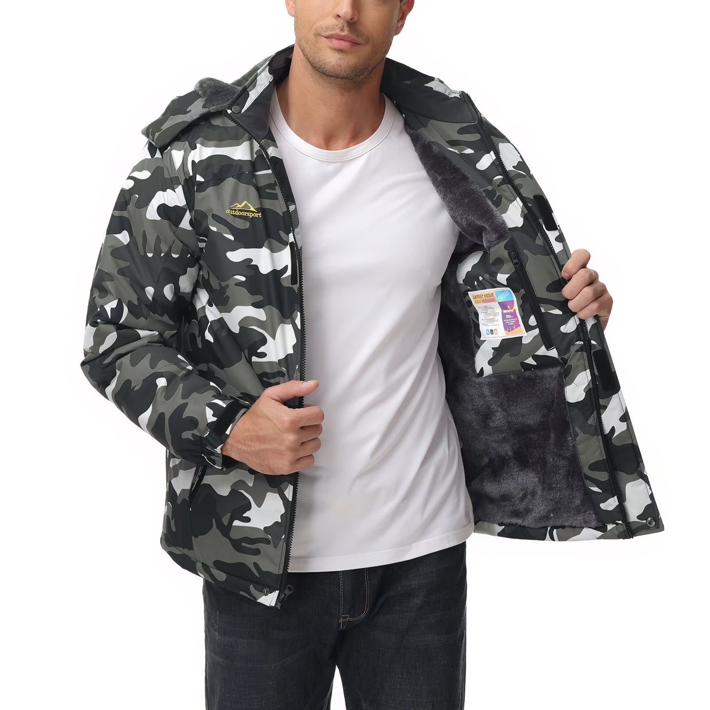 Veste Camouflage Randonnée portée ouverte - Vert Foncé - Bleu - Blanc - Noir