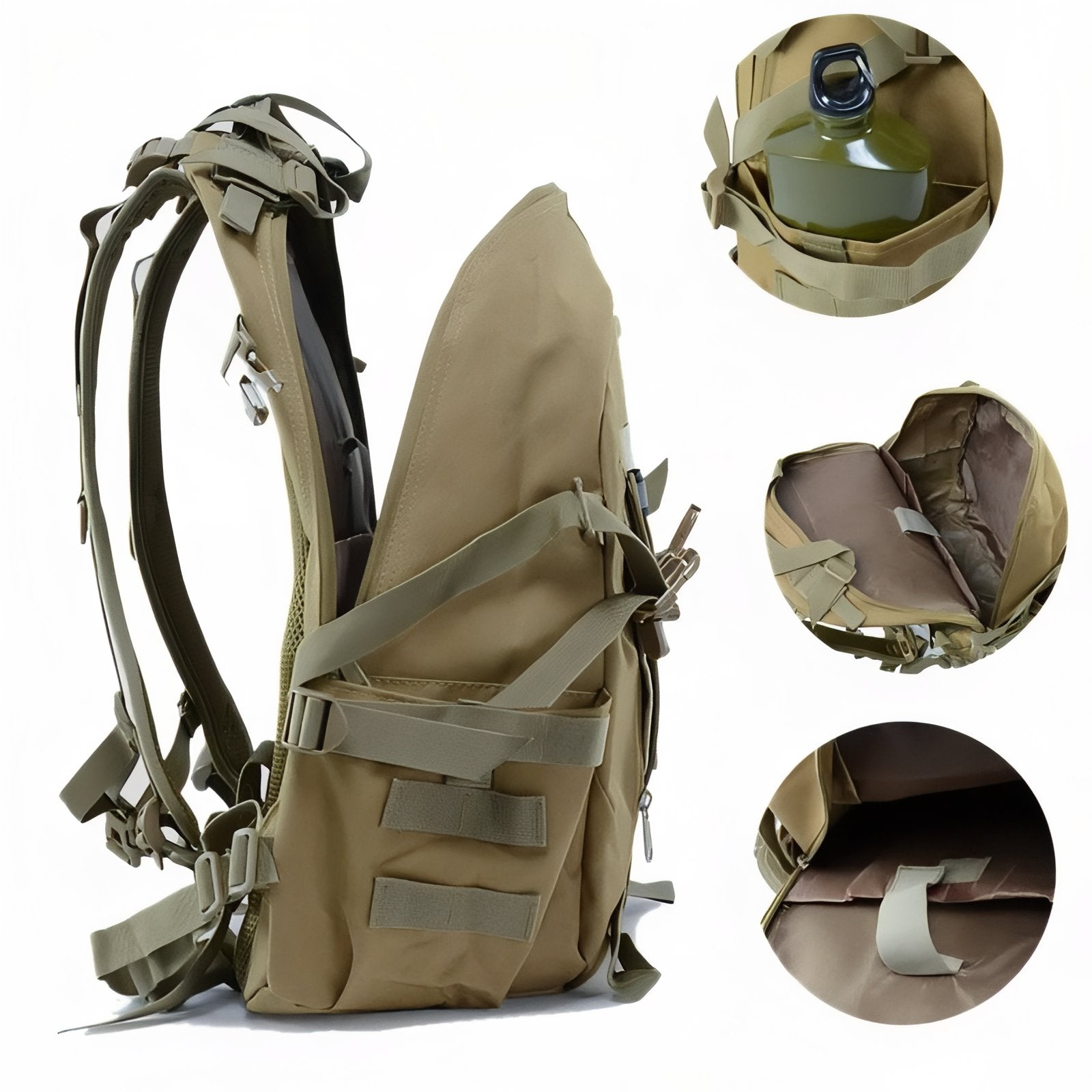 Sac à Dos Randonnée Militaire 40L gros plan compartiment ouvert - Vert Clair Camouflage - Noir - Vert Olive - Gris Camouflage - Vert Camouflage - Beige Sable