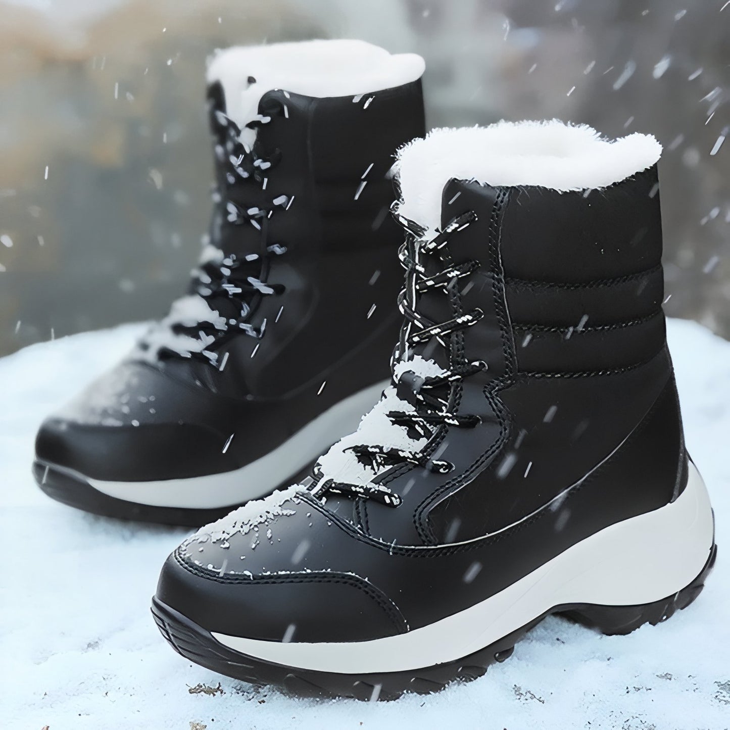 Bottes Randonnée Neige Femme gros plan sur les bottes - Bleu Marine et Blanc - Noir et Blanc - Beige et Blanc - Beige et Rouge