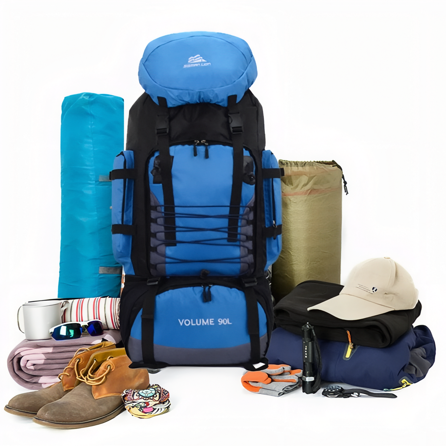Sac de Randonnée Homme 90 Litres mise en situation avec accessoires - Vert - Bleu Marine - Noir - Bleu Ciel