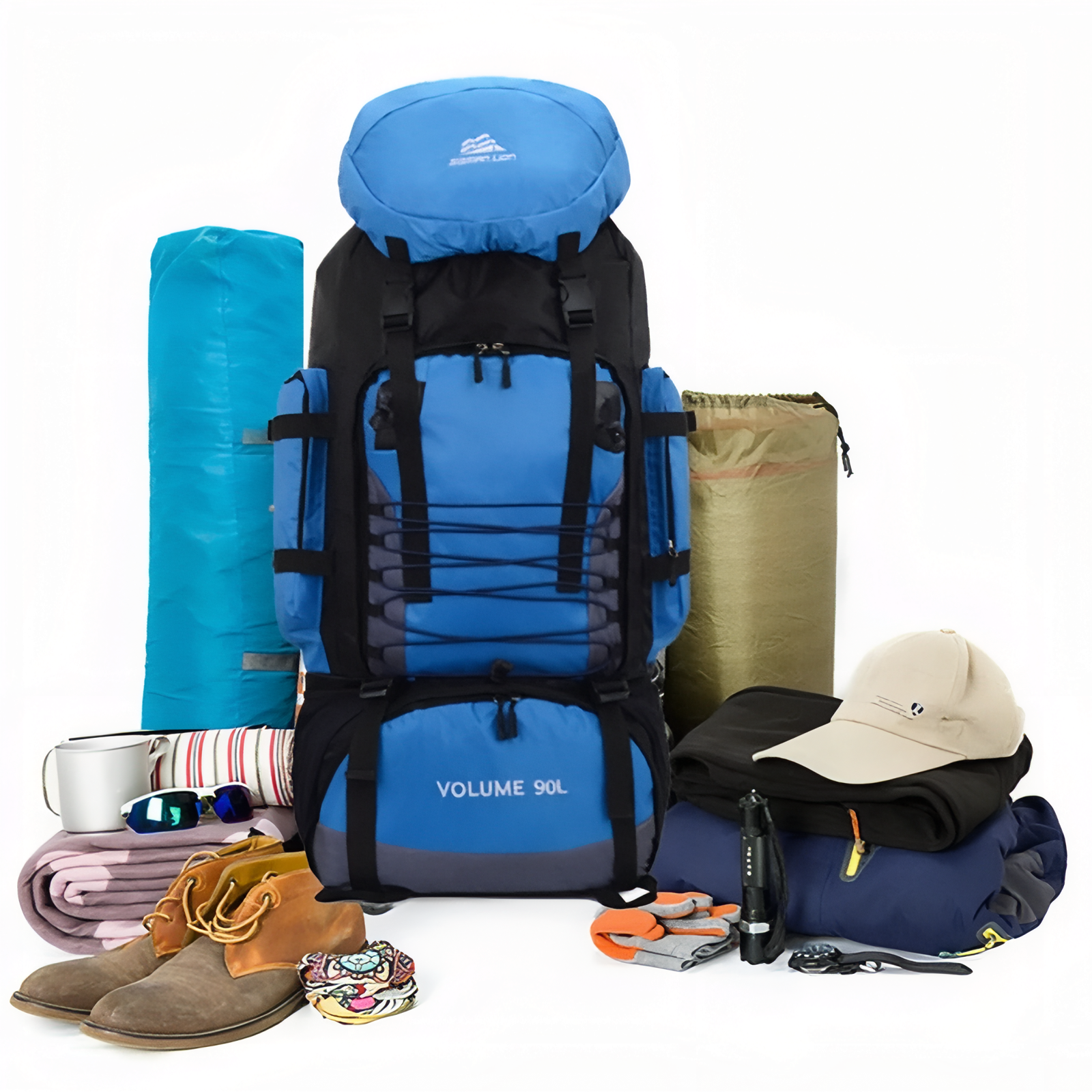 Sac de Randonnée Homme 90 Litres mise en situation avec accessoires - Vert - Bleu Marine - Noir - Bleu Ciel