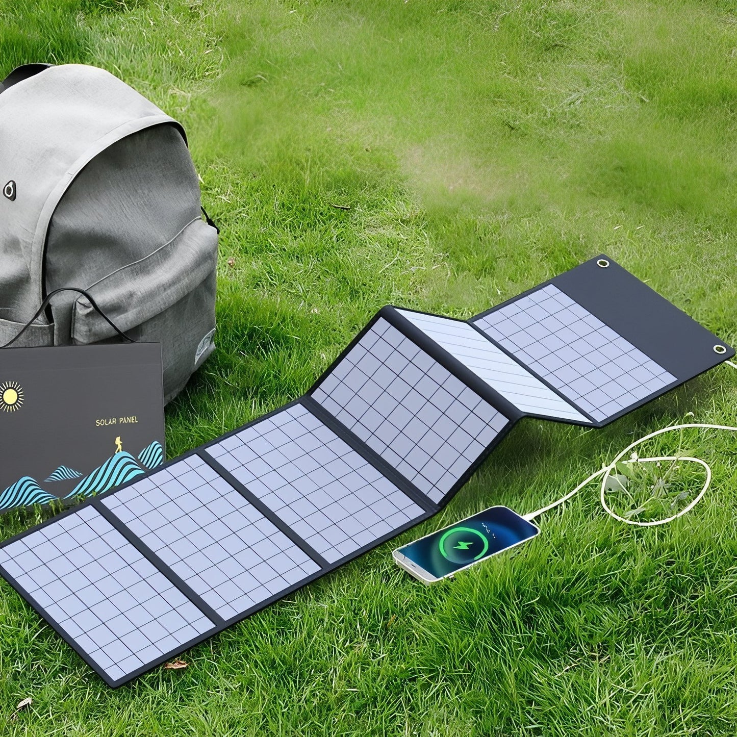Panneau Solaire Pour Randonnée 30W / 50W mise en situation avec téléphone - 30W - 4 Panneaux - 50W - 6 Panneaux