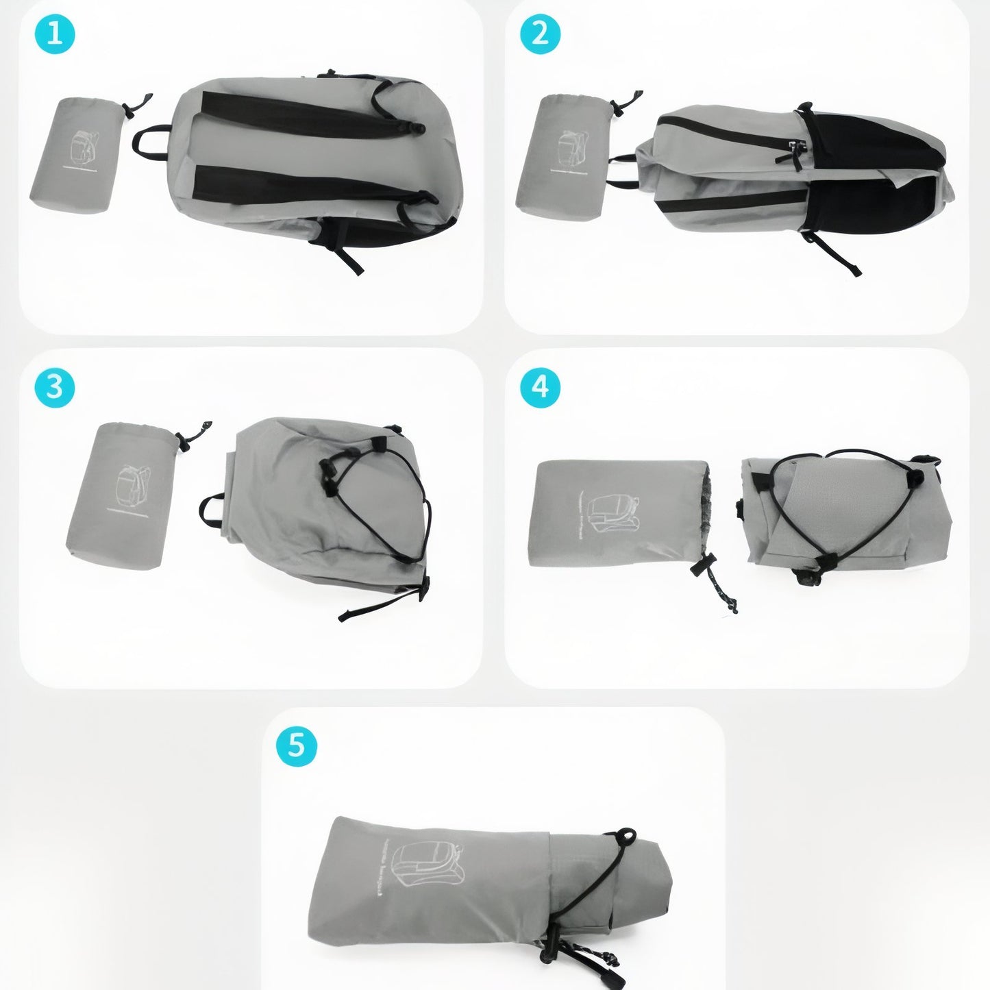 Sac à Dos Pliable et Imperméable mise en situation pliée - Orange - Violet - Gris foncé - Gris clair - Vert armée - Bleu marine - Noir - Bleu ciel