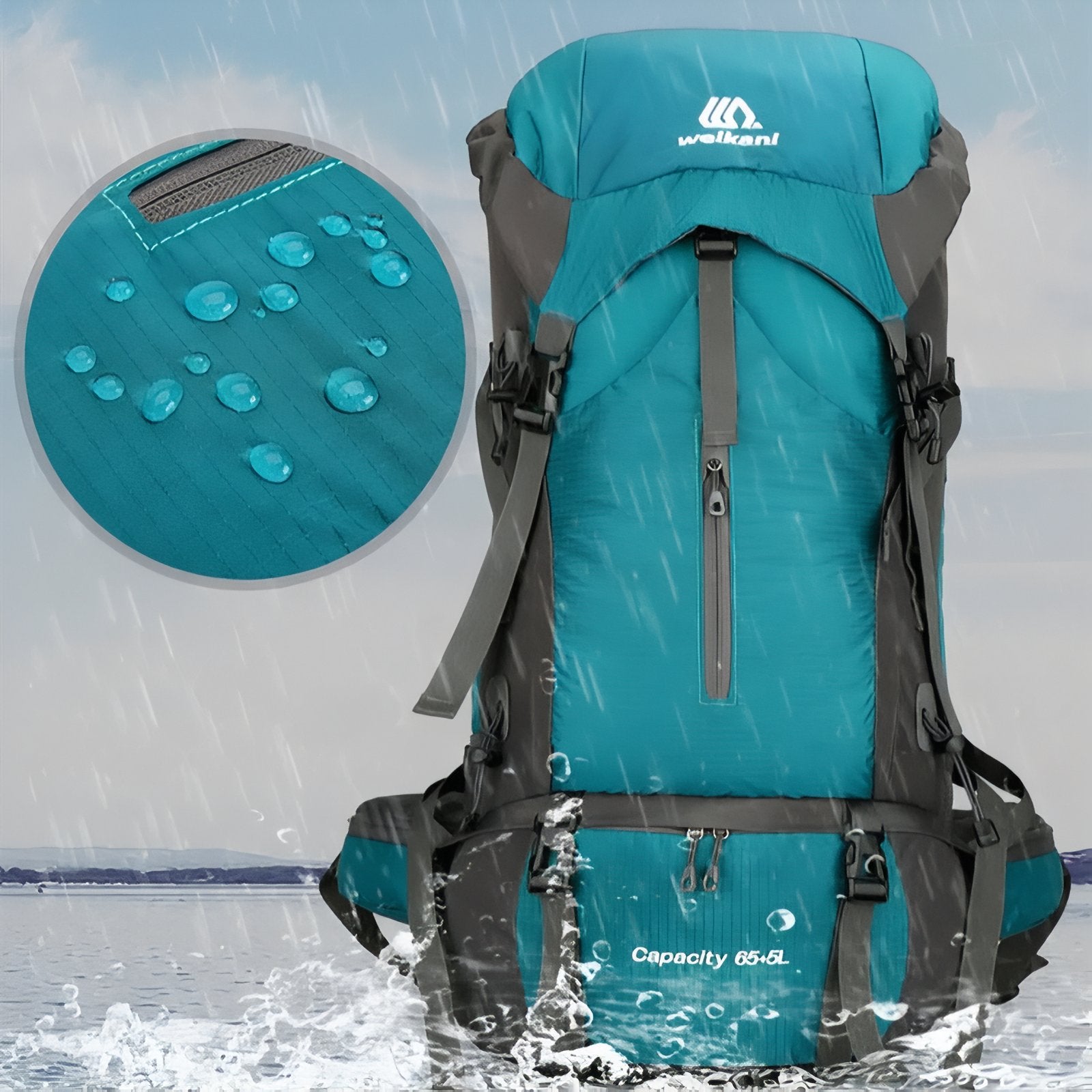 Sac à Dos Rando Avec Protection Pluie 70L gros plan matière imperméable - Turquoise et Noir - Bleu Marine et Gris - Orange et Gris - Noir et Orange
