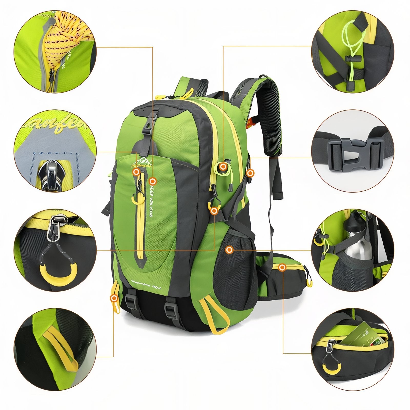 Sac à Dos Marche Randonnée 40L gros plan fermeture zippée - Vert Fluo - Gris - Bleu Cobalt - Orange - Noir et Jaune - Rouge - Turquoise - Violet - Noir et Rouge - Bleu Marine - Vert Olive