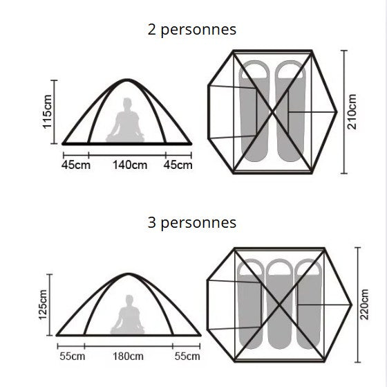 Tente Randonnée 3 Places Légère guide des dimensions - 2 personnes - 3 personnes