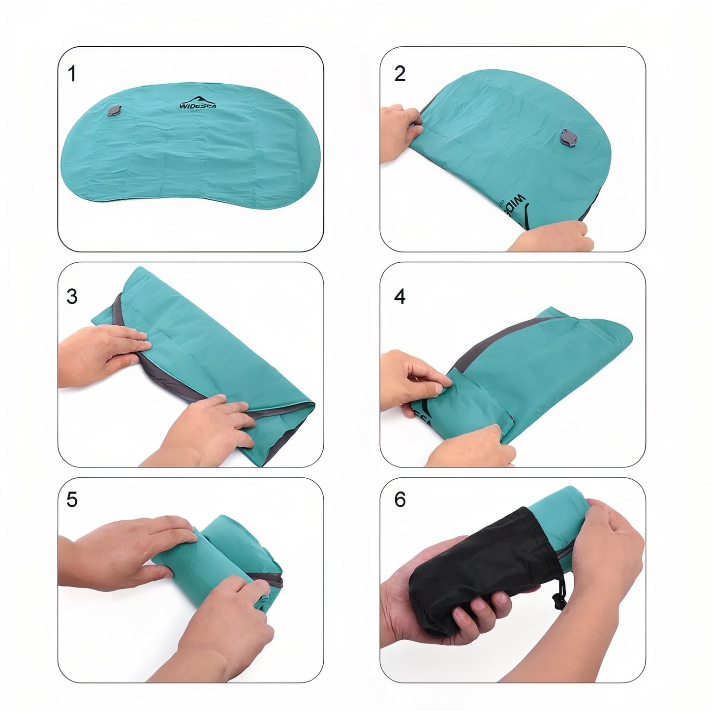 Coussin Camping Gonflable mise en situation pliage - Turquoise et Noir