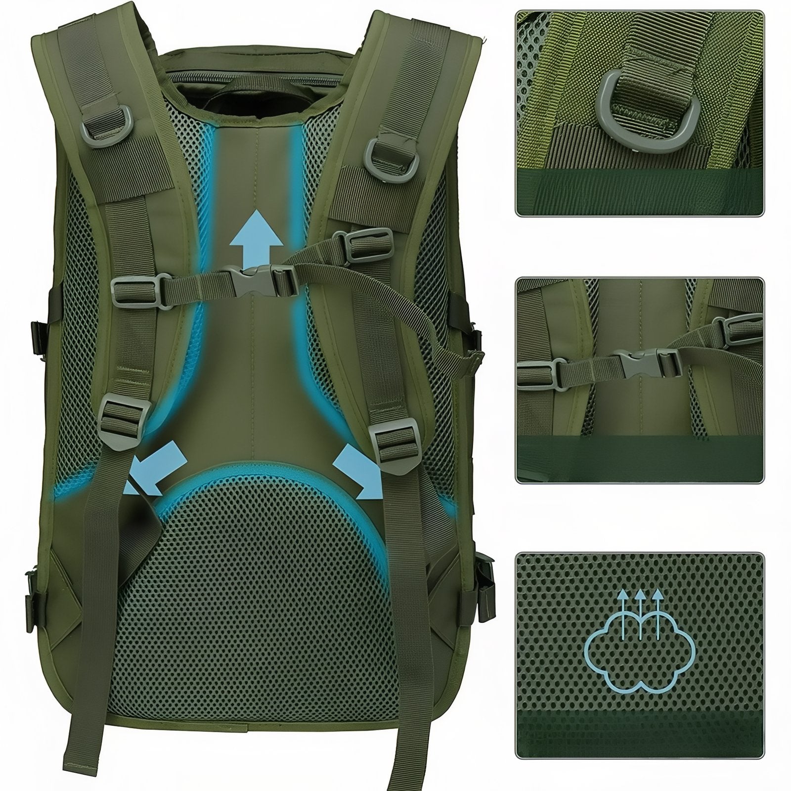 Sac à Dos Militaire 40 Litres gros plan dos du sac - Vert Olive - Beige Sable - Noir - Gris