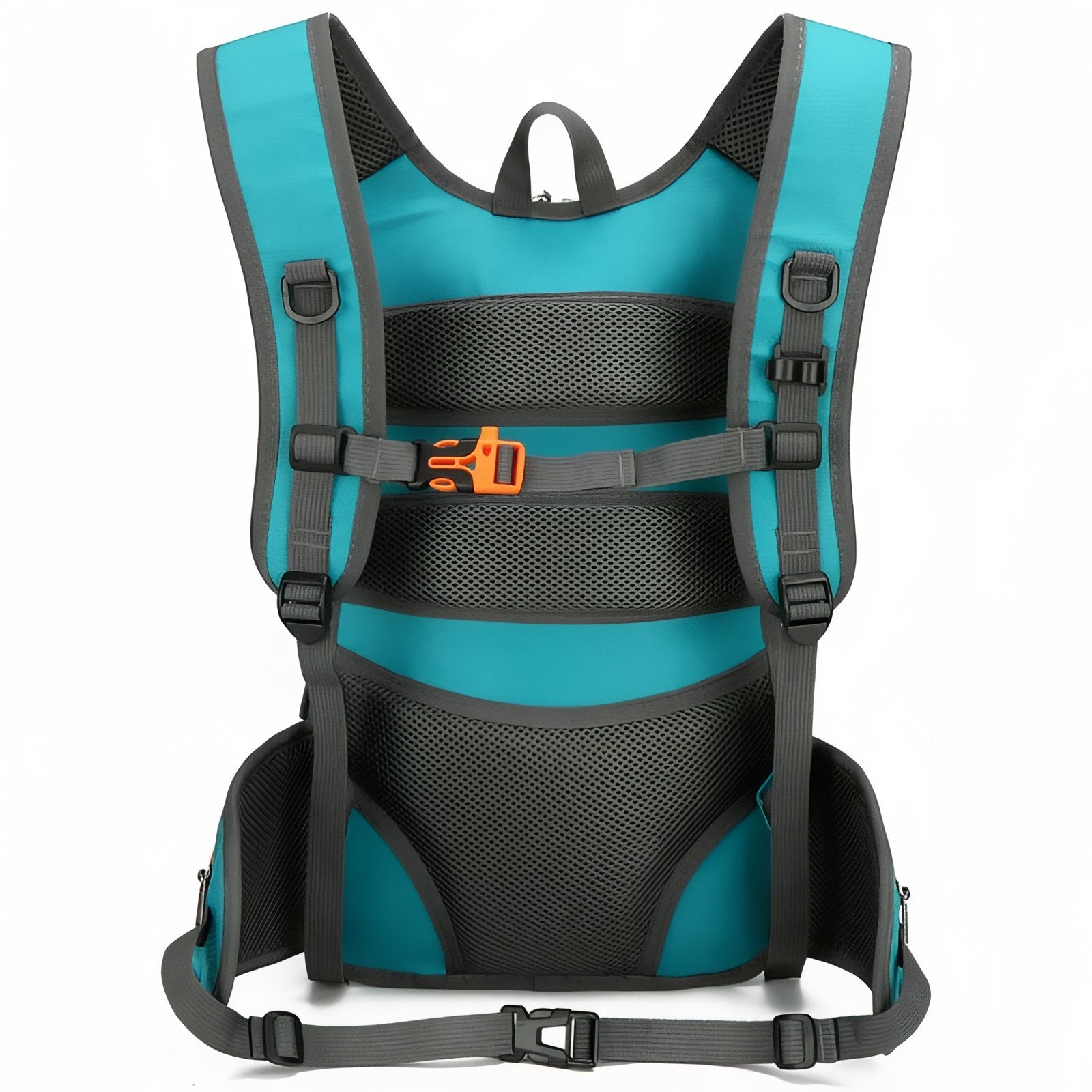 Sac à Dos Randonnée Avec Trou Pour Poche À Eau gros plan sangle et dos - Turquoise et Orange - Bleu Marine et Rouge - Noir et Bleu