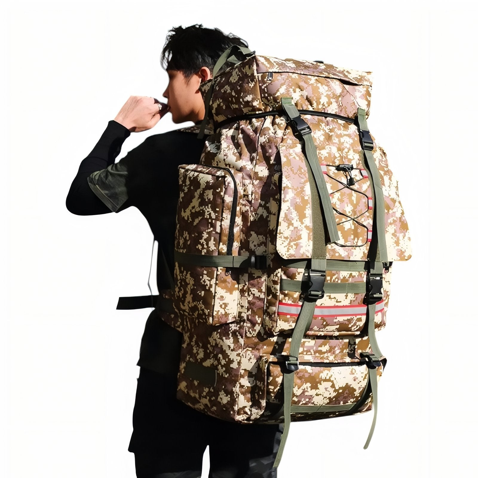 Sac Trek 130L portée sur le dos - Kaki - Bleu Marine - Vert Camouflage - Vert Olive - Noir - Gris