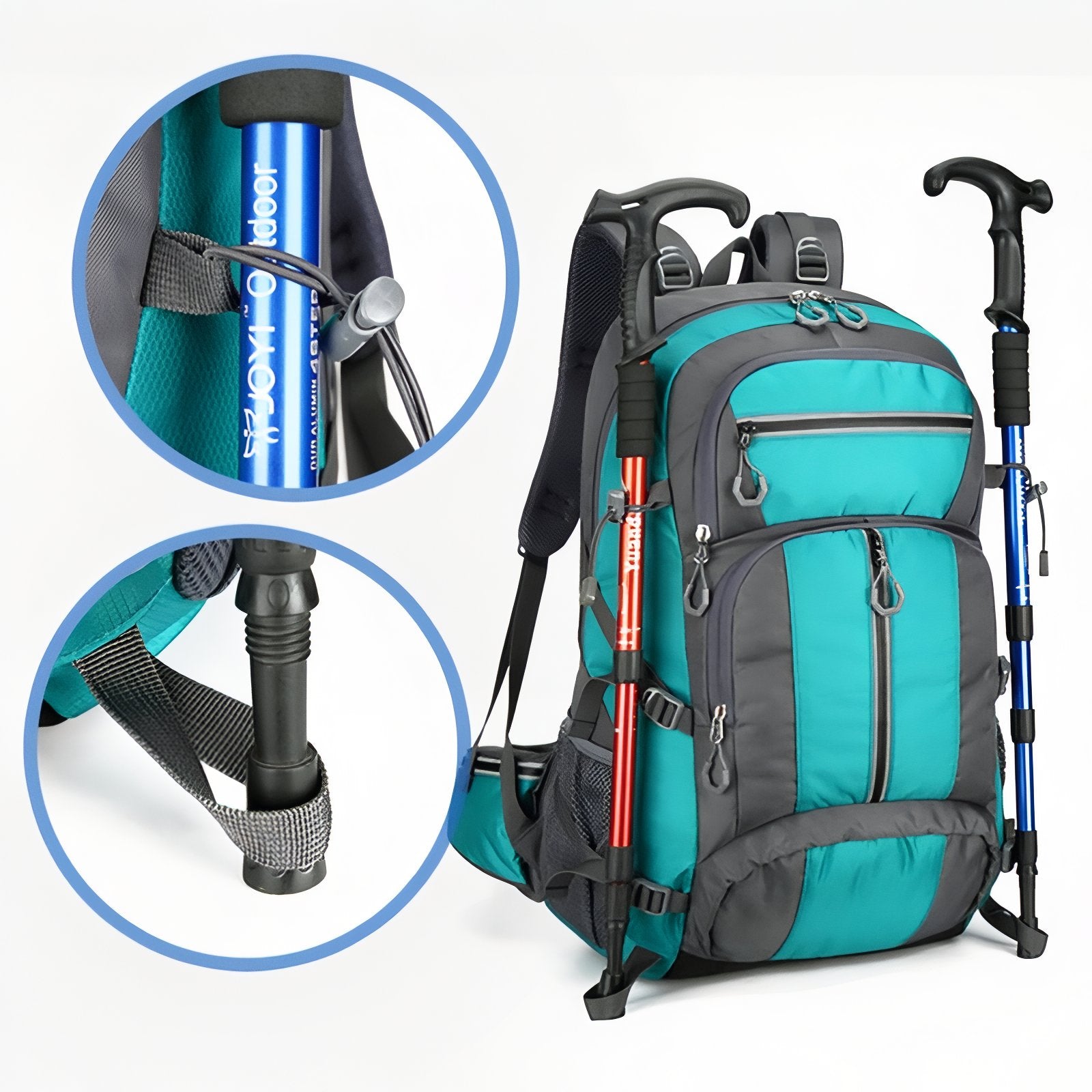 Sac à Dos Randonnée Multi-Poches 55L gros plan sur détails - Turquoise et Gris - Gris Foncé et Noir - Gris Foncé et Bleu Marine - Noir Profond - Orange et Gris