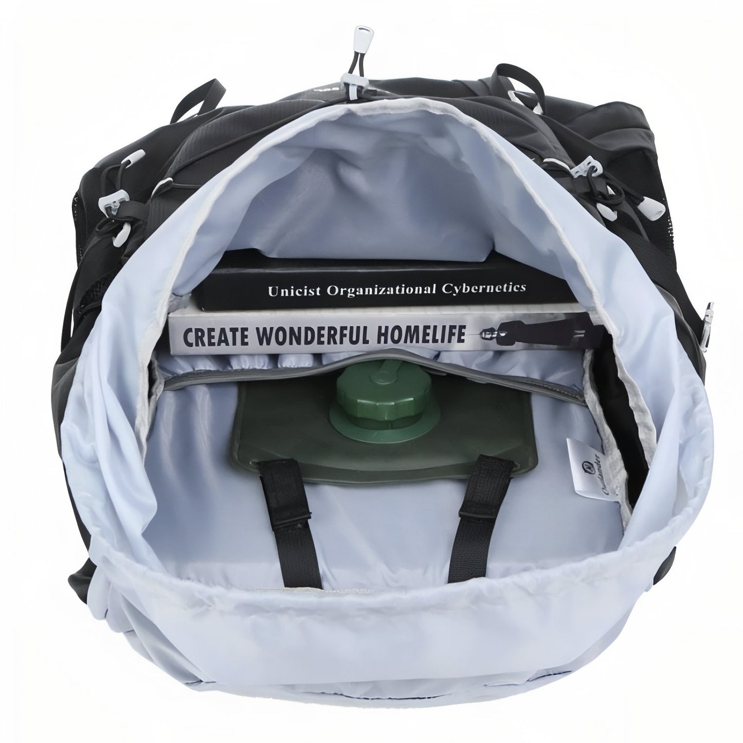 Sac Randonnée Multipoches 50l intérieur ouvert avec livre - Turquoise - Vert Armée - Bleu - Noir - Rouge