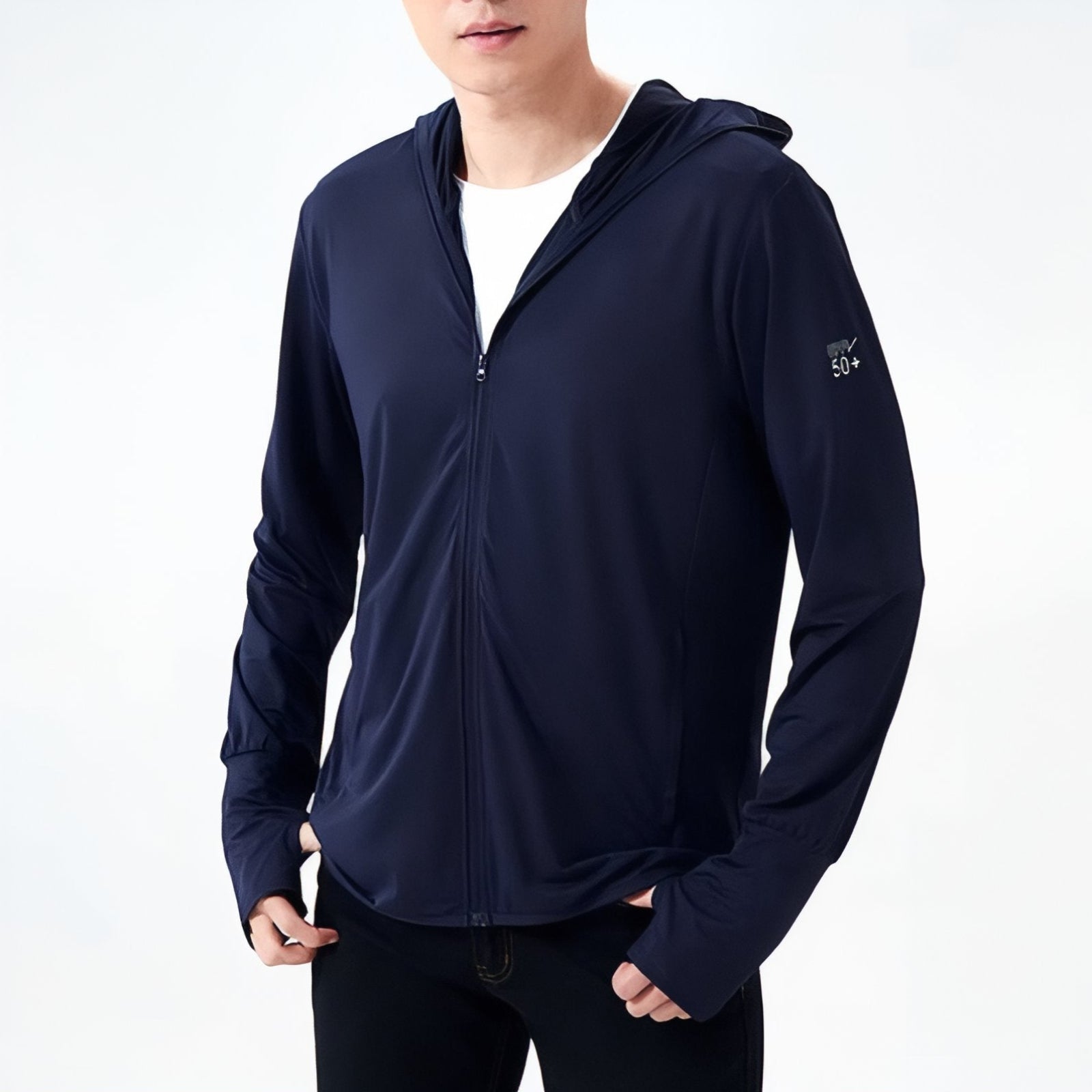 Veste Anti-UV Homme UPF 50+ portée à la main - Blanc Pur - Bleu Marine - Gris Clair