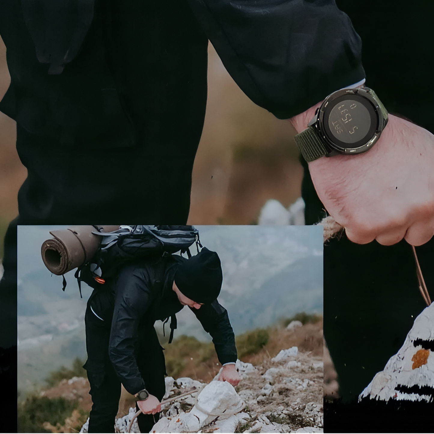Montre Digitale Randonnée en Carbone portée à la main - Vert Olive - Noir et Gris