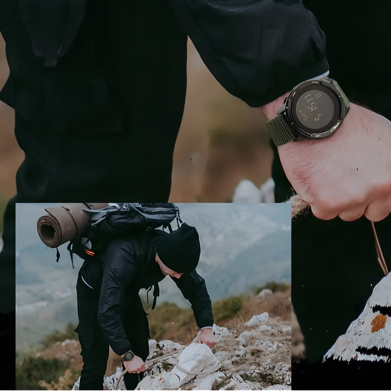 Montre Digitale Randonnée en Carbone portée à la main - Vert Olive - Noir et Gris