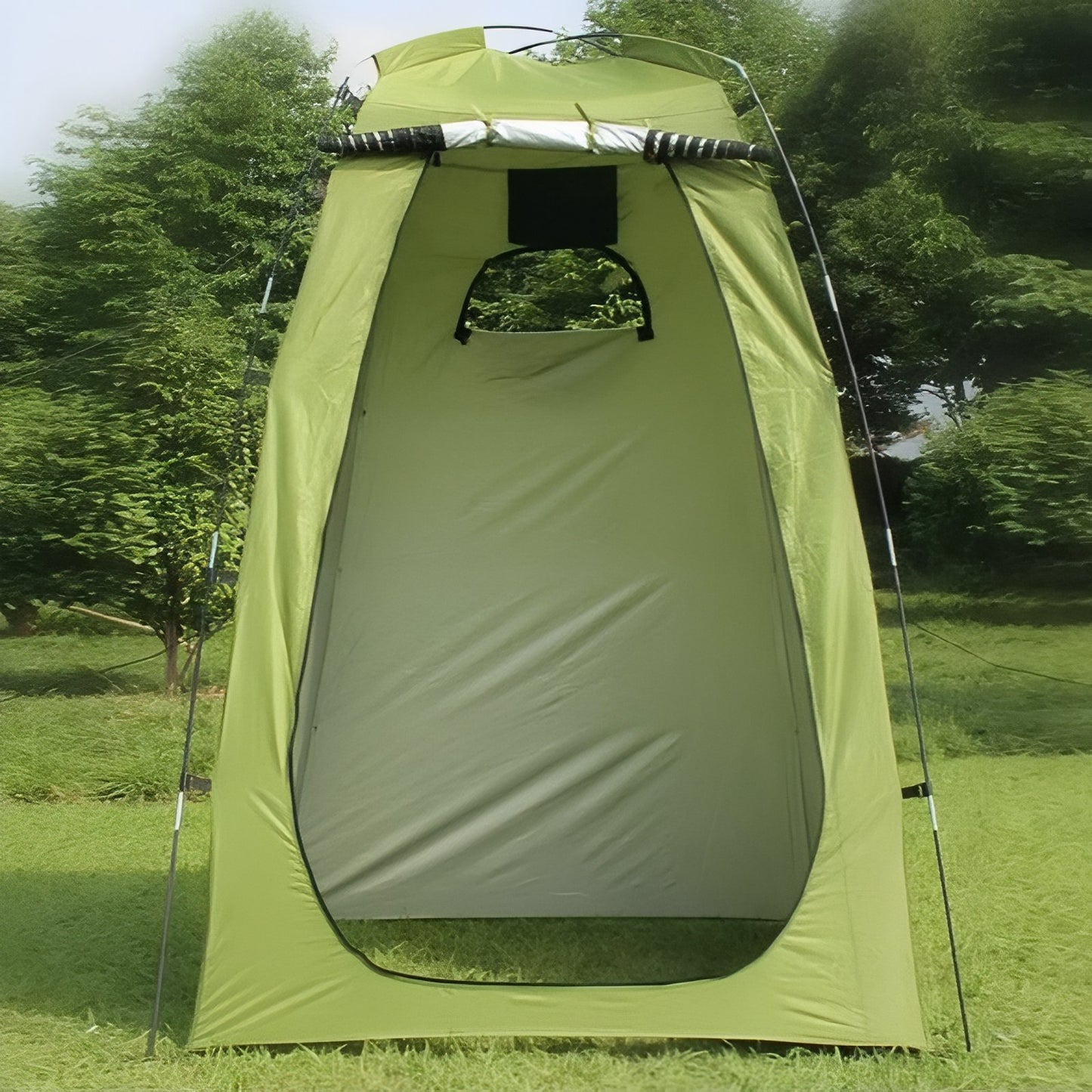 Tente Douche WC mise en situation extérieure - Jaune Moutarde et Blanc - Olive Foncé